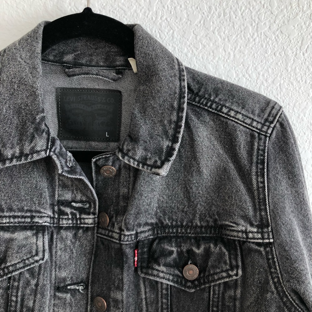 LEVI’S denim original trucker jean jacket dirt on my boots black gray size small - Picture 3 of 7